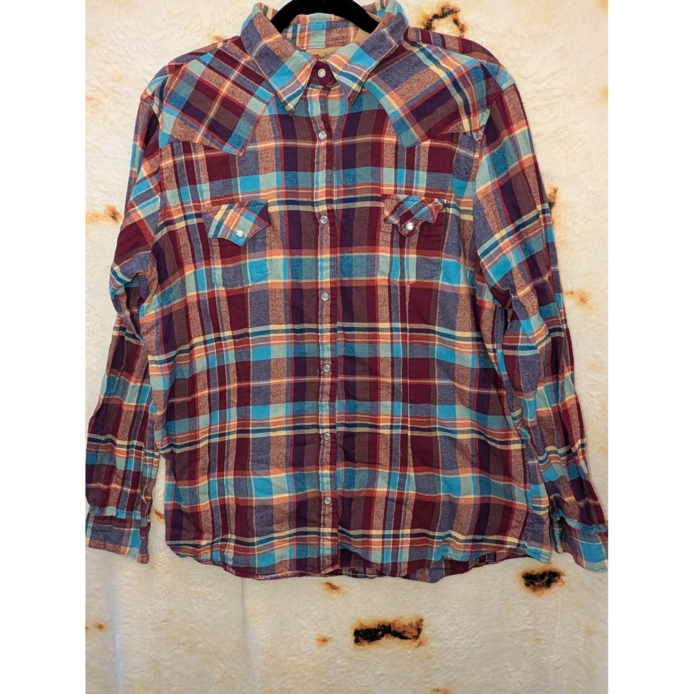 Wrangler Mens XL Plaid Flannel Western Shirt Burgundy Blue WTLH92891